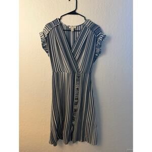 Monteau Los Angeles Navy Blue White Stripe Ruffle Sleeve Wrap Midi Dress Size L